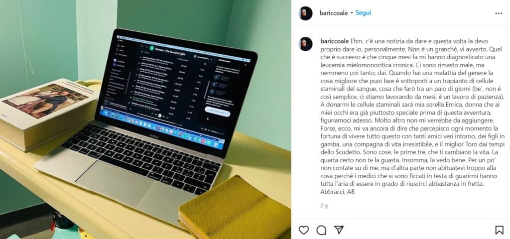 Alessandro Baricco e l'annuncio sui social della malattia