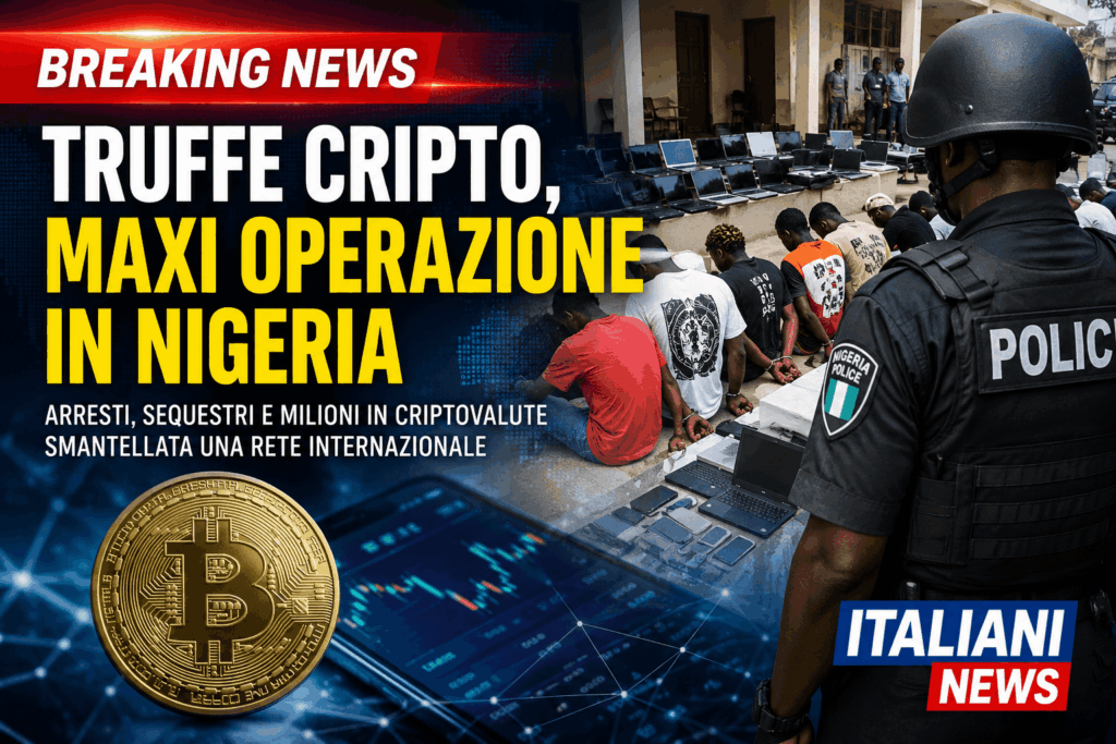 Operazione di polizia contro truffe crypto in Nigeria in una grafica Breaking News di Italiani News