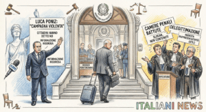 Ecco l'illustrazione a matita colorata che raffigura Carlo Nordio mentre esce dal Ministero di Via Arenula,