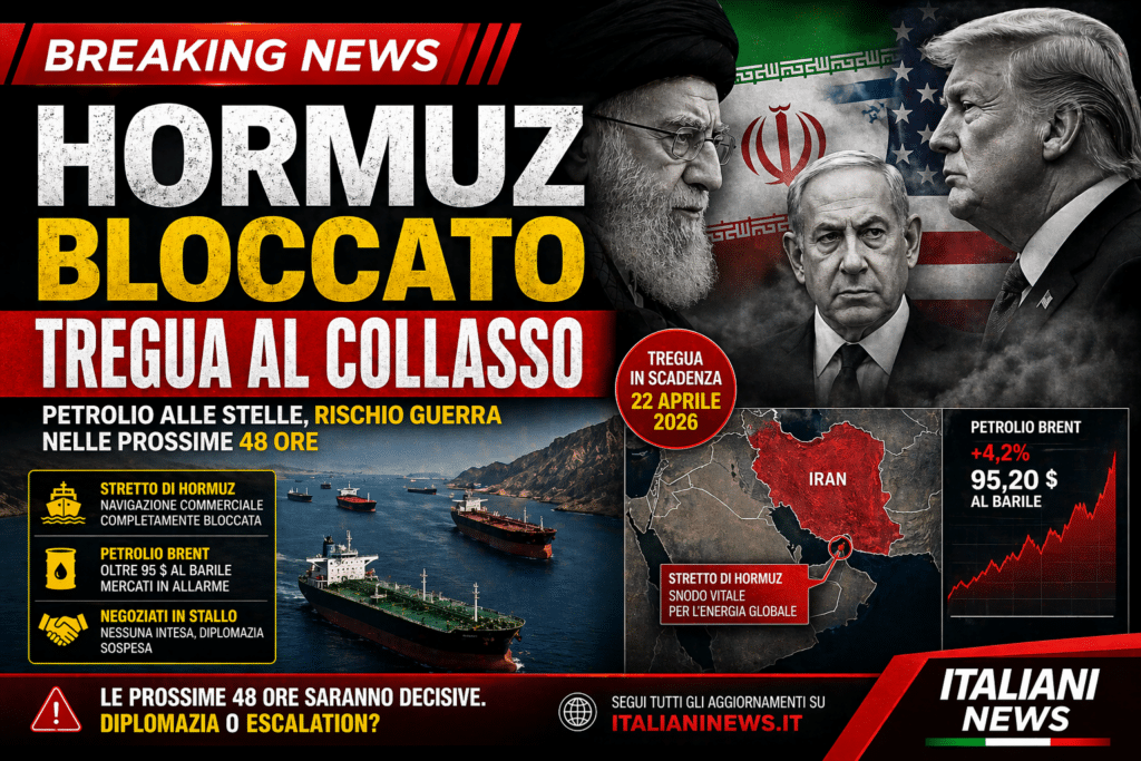 Stretto di Hormuz bloccato con petroliere ferme e leader internazionali sullo sfondo durante la crisi tra Stati Uniti, Iran e Israele