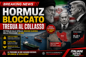Stretto di Hormuz bloccato con petroliere ferme e leader internazionali sullo sfondo durante la crisi tra Stati Uniti, Iran e Israele