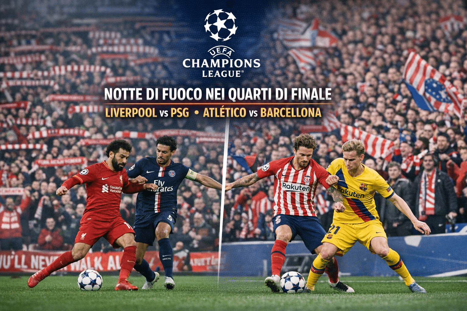 Champions League: notte di fuoco nei quarti di finale. Liverpool–PSG e Atlético–Barcellona si giocano tutto