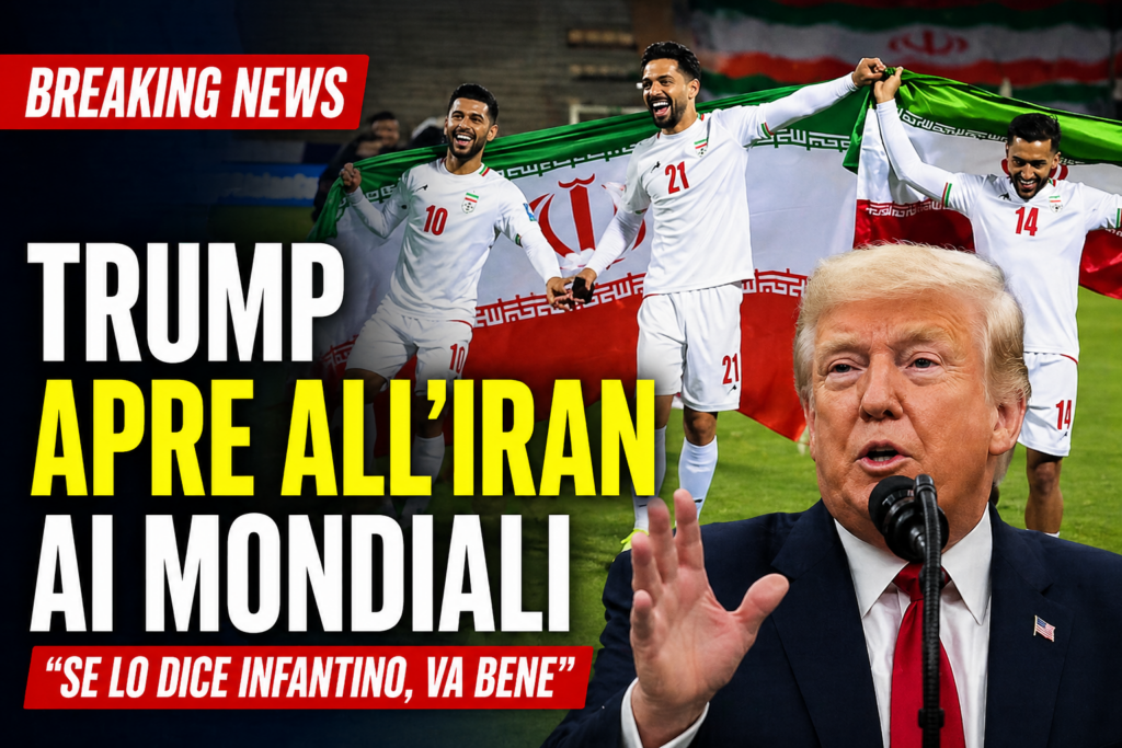 Donald Trump apre alla partecipazione dell’Iran ai Mondiali mentre i giocatori della nazionale iraniana festeggiano con la bandiera