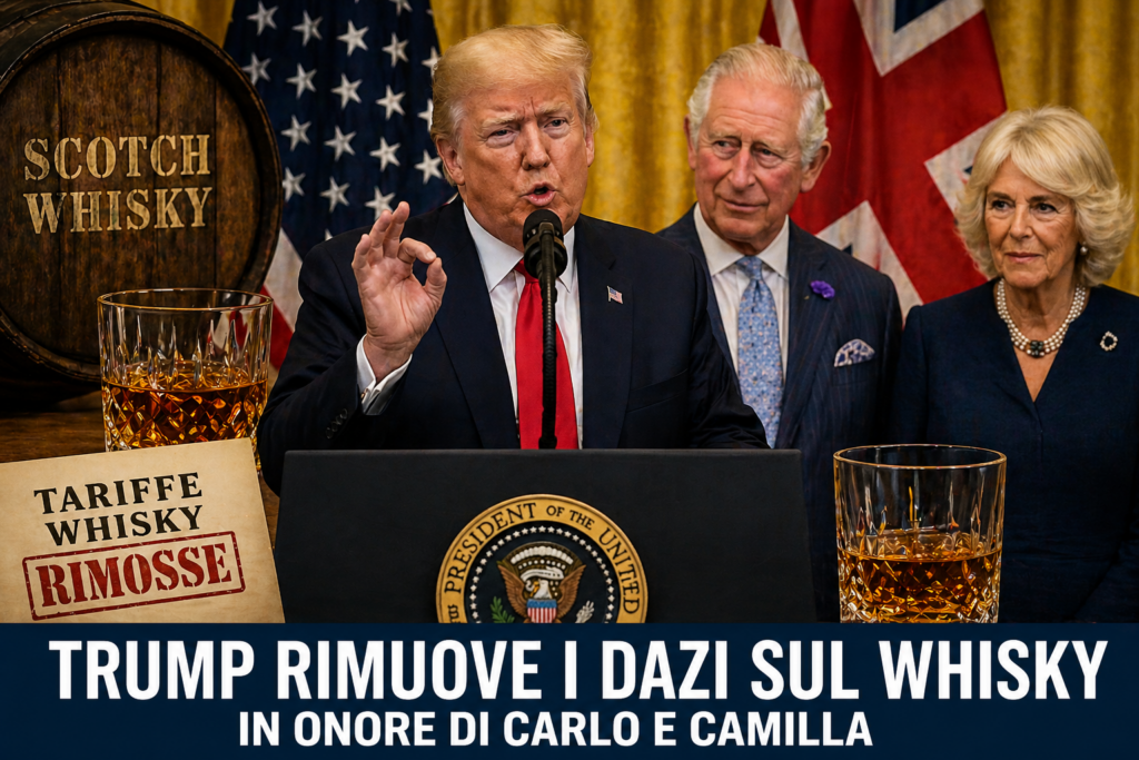Donald Trump annuncia la rimozione dei dazi sul whisky insieme a re Carlo III e alla regina Camilla durante un incontro ufficiale USA-Regno Unito
