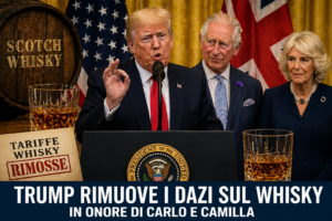 Donald Trump annuncia la rimozione dei dazi sul whisky insieme a re Carlo III e alla regina Camilla durante un incontro ufficiale USA-Regno Unito