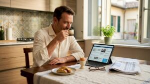 Un uomo seduto al tavolo della cucina mentre sfoglia le notizie italiane