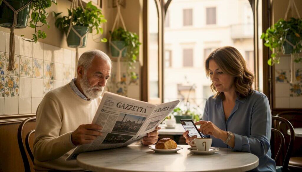 Al bar, alcuni abitanti del paese sfogliano il quotidiano locale mentre sorseggiano il caffè.
