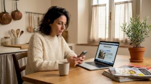 Seduta al tavolo della cucina, una donna consulta il suo smartphone per controllare la veridicità delle notizie.