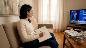 Donna che segue un dibattito televisivo italiano comodamente dal salotto di casa