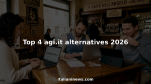 In un luminoso caffè italiano, alcuni adulti sorseggiano il loro espresso mentre, con il laptop davanti, si tengono aggiornati sulle ultime notizie.