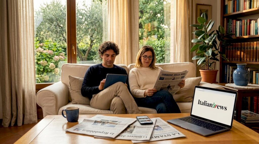 Persone che si tengono informate leggendo le notizie italiane comodamente a casa