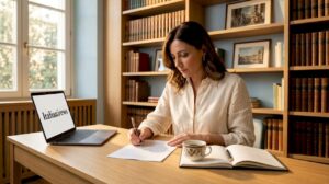 Una donna italiana è immersa nel lavoro sui suoi manoscritti, circondata da scaffali pieni di libri.