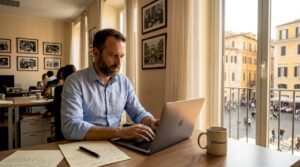 Un giornalista italiano sta scrivendo al computer nella sua redazione.