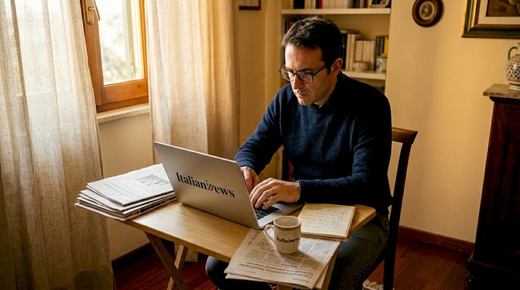 Giornalista al lavoro che consulta le ultime notizie online davanti al computer.
