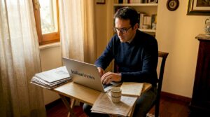 Giornalista al lavoro che consulta le ultime notizie online davanti al computer.
