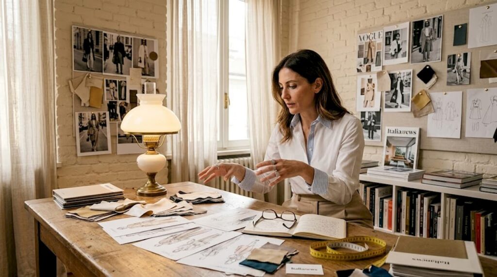 Designer italiana impegnata al tavolo da lavoro tra bozzetti e campioni di stoffa