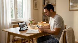 Un uomo segue il telegiornale in diretta sul tablet mentre prepara la colazione in cucina.
