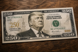 Prototipo della possibile banconota da 250 dollari con il volto di Donald Trump per il 250° anniversario degli Stati Uniti.