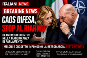 Giorgia Meloni e Guido Crosetto durante il caos parlamentare sulle spese militari Nato.