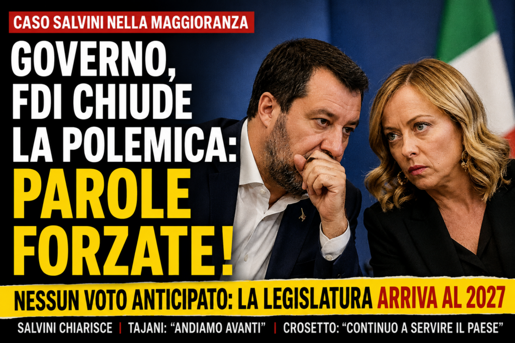 Meloni e Salvini durante una riunione politica, grafica Breaking News di Italiani News sul caso voto anticipato e stabilità del governo.
