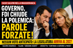 Meloni e Salvini durante una riunione politica, grafica Breaking News di Italiani News sul caso voto anticipato e stabilità del governo.