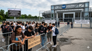 Fan delusi davanti ai cancelli chiusi della RCF Arena Campovolo con cartelli di evento annullato per il concerto di Kanye West e Travis Scott.