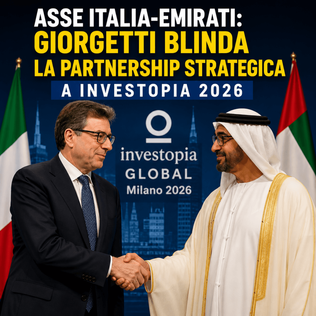 Giancarlo Giorgetti durante Investopia 2026 a Milano per la partnership strategica tra Italia ed Emirati
