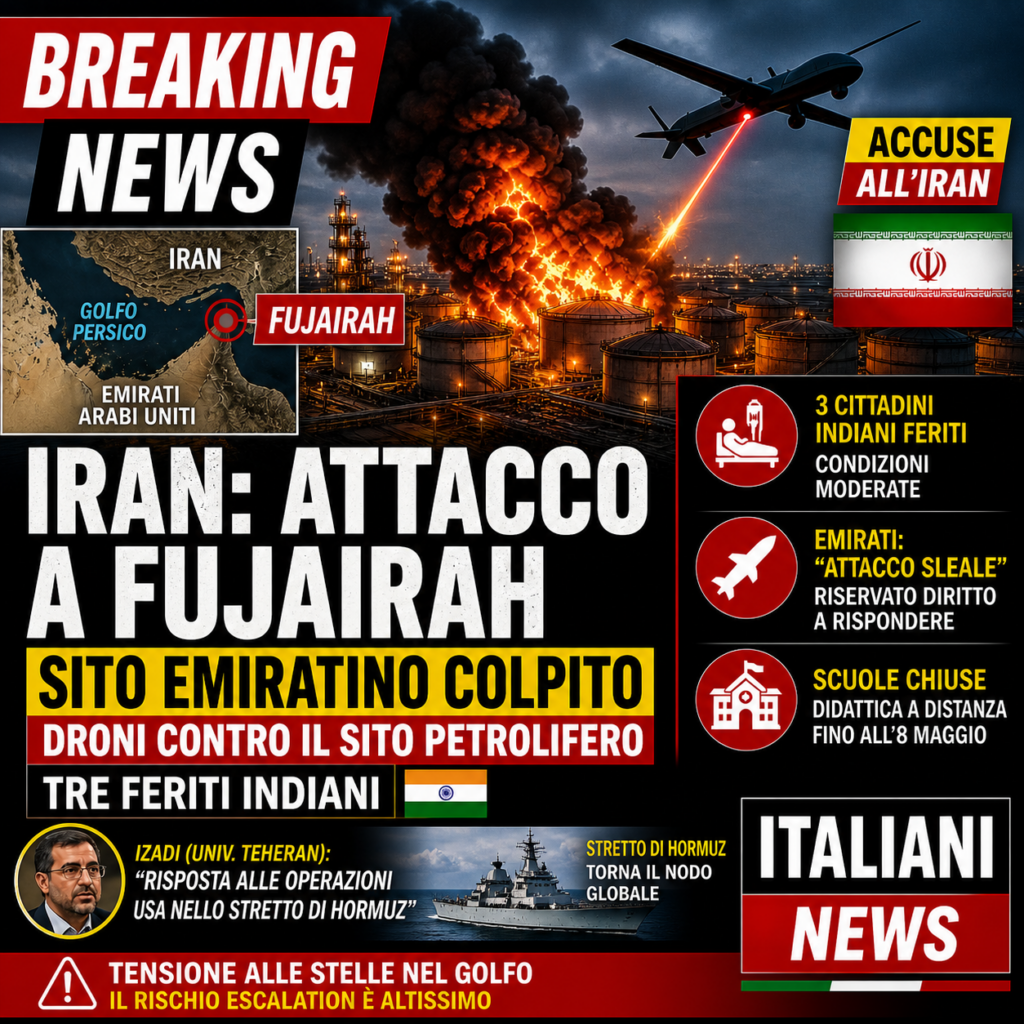 Esplosione in un impianto petrolifero a Fujairah dopo un attacco con droni attribuito all’Iran, con fiamme, fumo e infrastrutture energetiche colpite