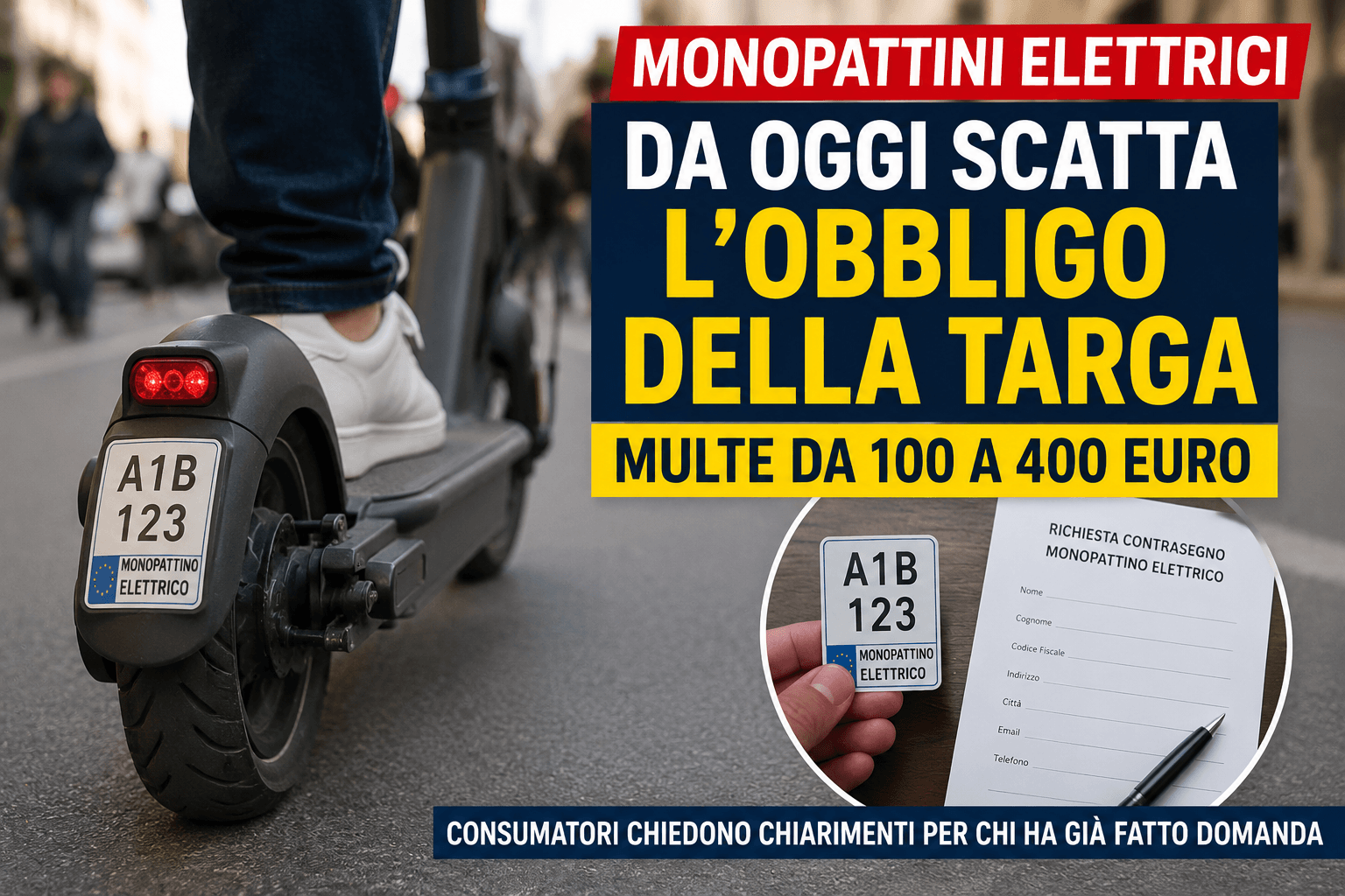 Monopattini elettrici, da oggi scatta l’obbligo della targa: multe fino a 400 euro