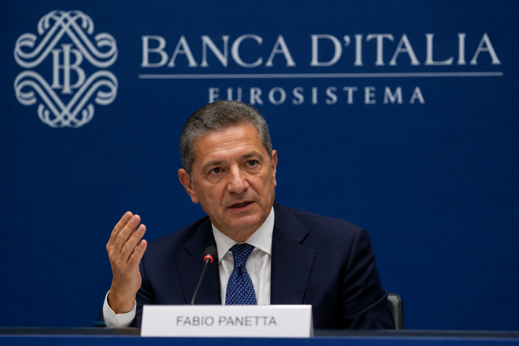 Fabio Panetta, Governatore della Banca d'Italia, durante una conferenza sul rischio inflazione in Europa legato alle tensioni nello Stretto di Hormuz e nel Golfo Persico.