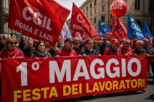 Corteo del Primo Maggio a Roma con lavoratori e sindacati in piazza tra bandiere e striscioni per la Festa dei Lavoratori