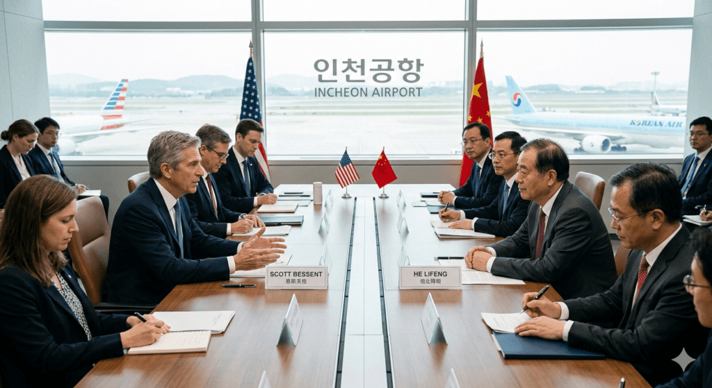 Incontro bilaterale tra Scott Bessent e He Lifeng all'aeroporto di Incheon per negoziati commerciali Usa-Cina.