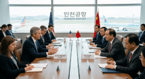 Incontro bilaterale tra Scott Bessent e He Lifeng all'aeroporto di Incheon per negoziati commerciali Usa-Cina.