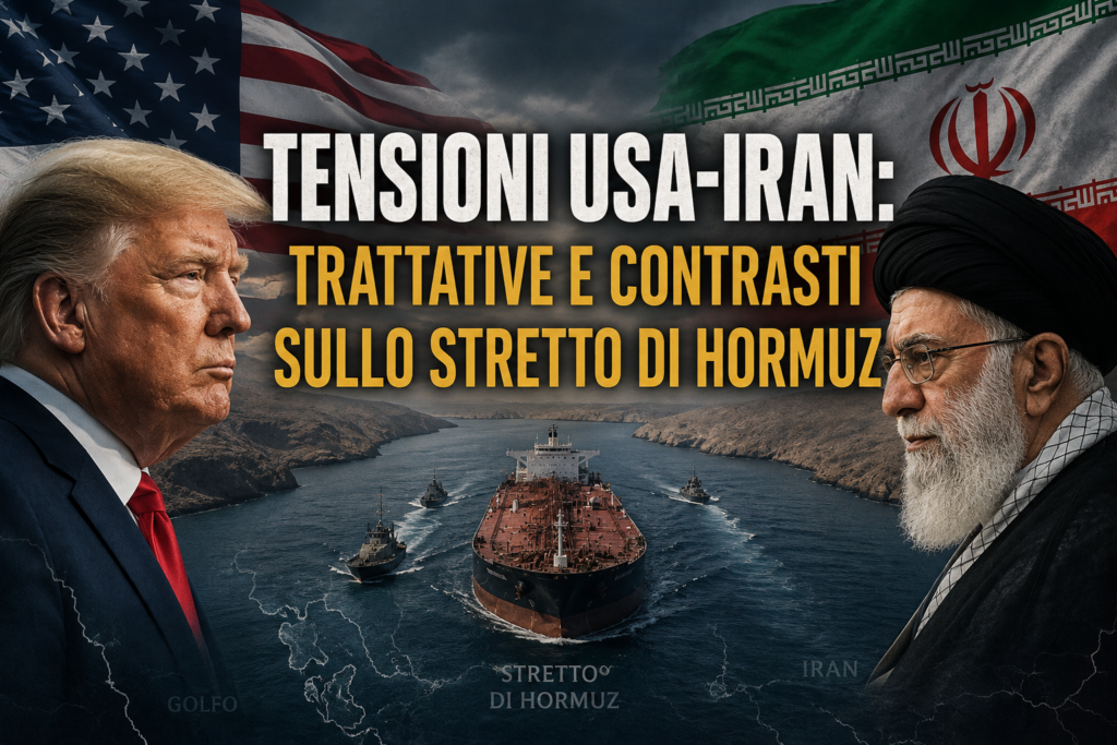 Donald Trump e leader iraniani sullo sfondo dello Stretto di Hormuz con petroliere e bandiere di Usa e Iran durante la crisi geopolitica nel Golfo Persico.