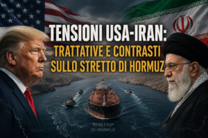 Donald Trump e leader iraniani sullo sfondo dello Stretto di Hormuz con petroliere e bandiere di Usa e Iran durante la crisi geopolitica nel Golfo Persico.