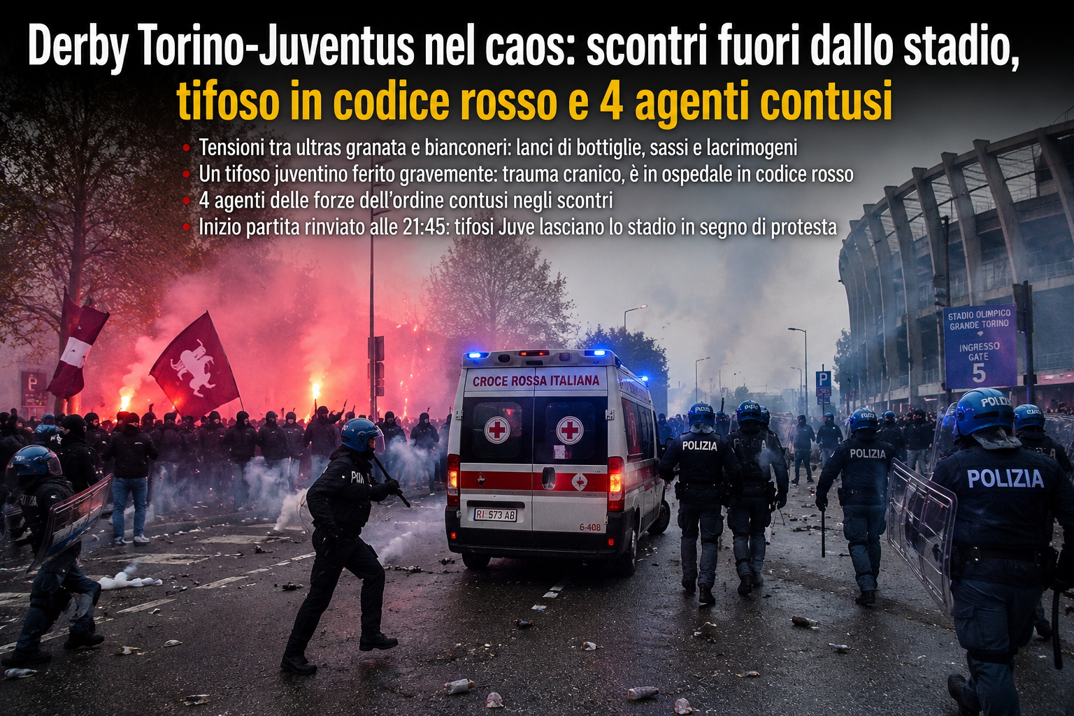 Derby Torino-Juventus nel caos: scontri fuori dallo stadio, tifoso in codice rosso