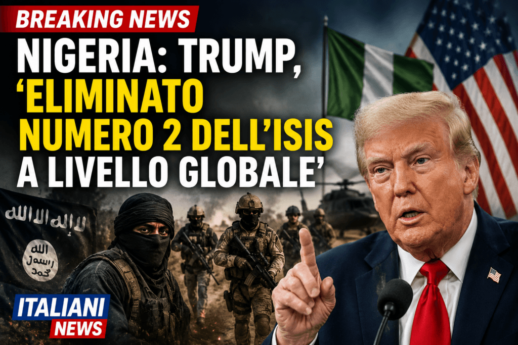 Donald Trump annuncia l’eliminazione del numero due globale dell’Isis in una grafica Breaking News di Italiani News dedicata all’operazione in Nigeria