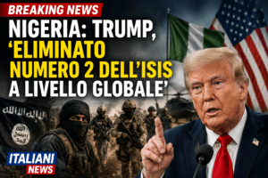 Donald Trump annuncia l’eliminazione del numero due globale dell’Isis in una grafica Breaking News di Italiani News dedicata all’operazione in Nigeria