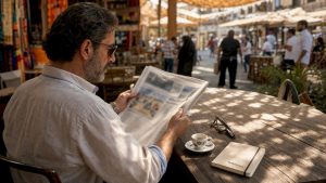 Un signore italiano si gode la lettura del giornale seduto al tavolino di un caffè sulla Marina di Dubai.