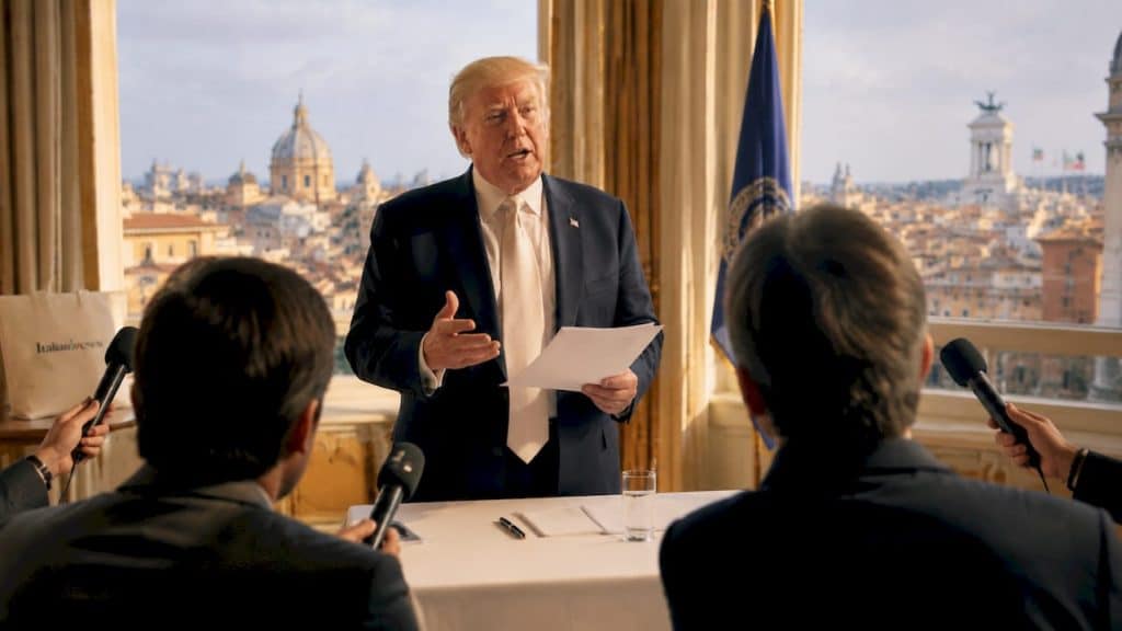 Un esponente politico annuncia alla stampa, dal podio, il raggiungimento di un accordo diplomatico.