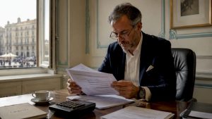 Consulente finanziario alle prese con l’analisi della documentazione previdenziale