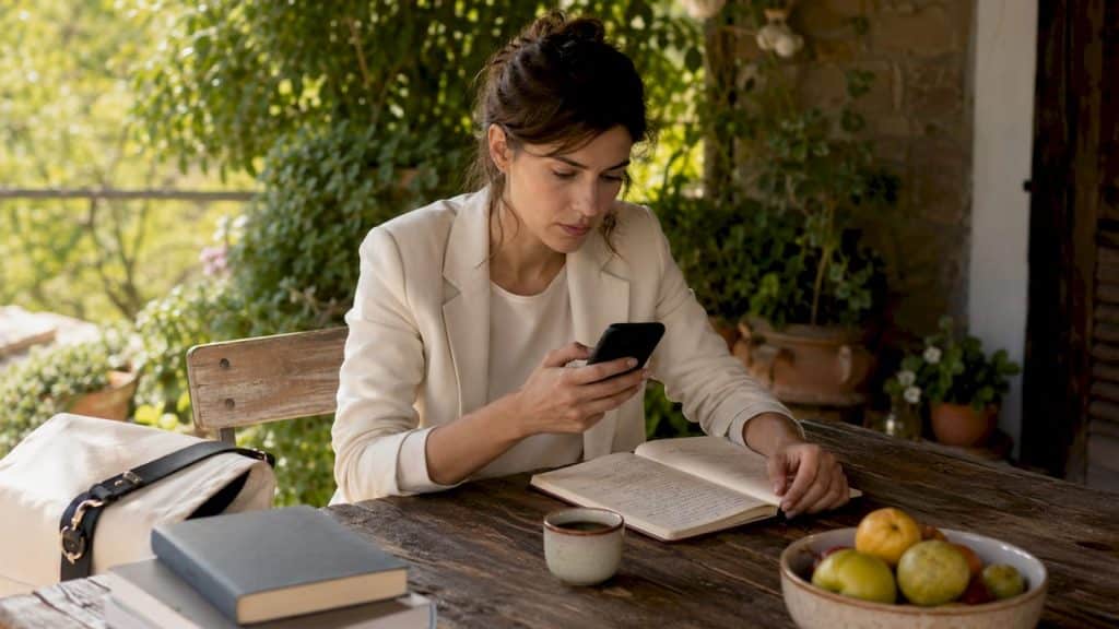 Una donna consulta le ultime notizie sul suo smartphone, scegliendo tra contenuti personalizzati che rispecchiano i suoi interessi.