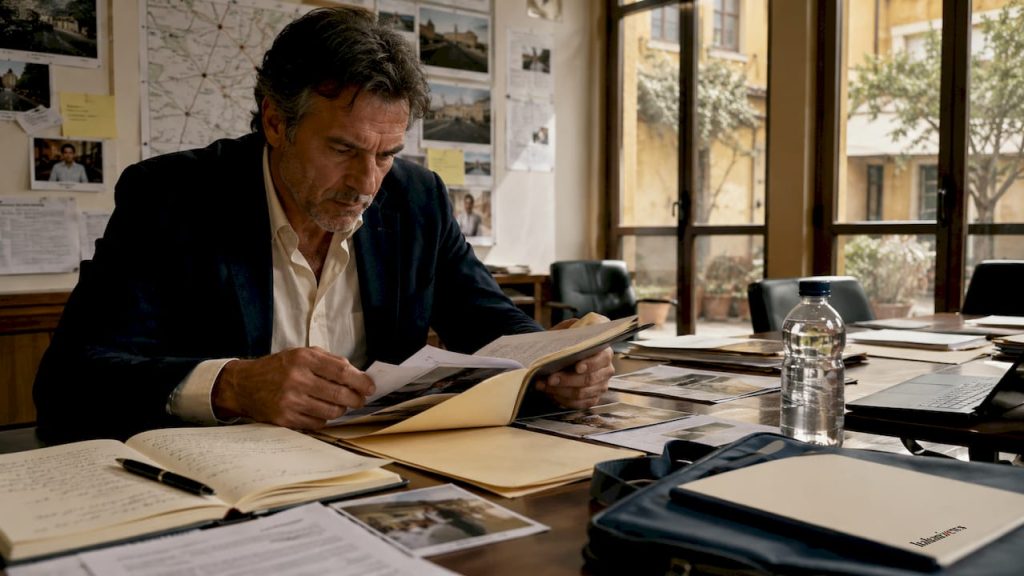 Un investigatore alle prese con l’analisi dei fascicoli relativi al caso di Garlasco.