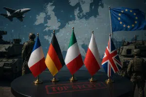Bandiere europee su tavolo segreto.