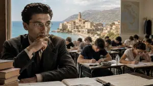 Cesare Pavese e studenti alla Maturità 2026 in una scena simbolica tra aula scolastica e Brancaleone.