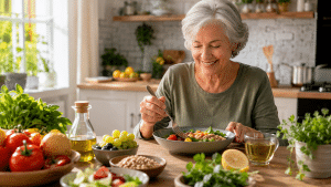Donna anziana segue un’alimentazione sana per favorire benessere e longevità
