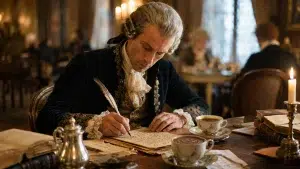 Uomo scrive con penna e calamaio