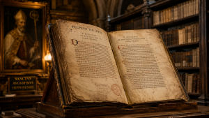 Il manoscritto medievale Pelplin 114 aperto su un leggio di legno in una biblioteca storica, con testi latini di Sant'Agostino e timbri d'archivio.