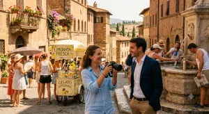 Gente felice in una strada italiana.