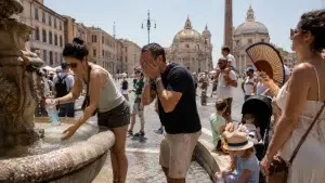 Persone si rinfrescano nella fontana.